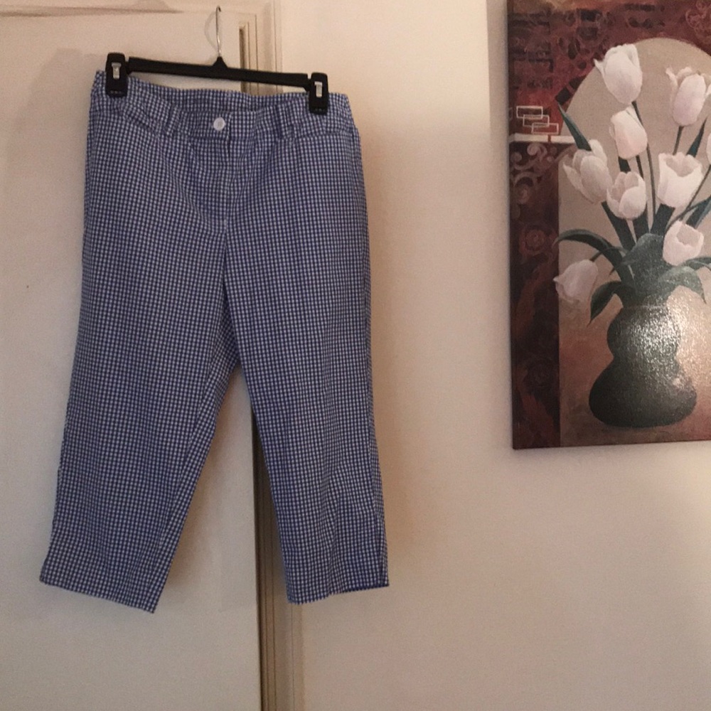 Talbots Blue and White Checkered Capri Pants.